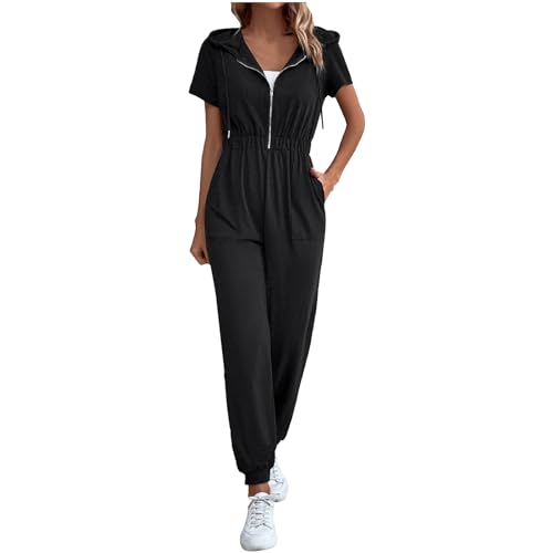 RMBLYfeiye Playsuit Damen Sommer Overall Schwarz Damen Jumpsuit Herren Lustig V-Ausschnitt Einfarbiges Jumpsuit Lang Kurzarm Sommer Overall Mit Reißverschluss Onesie Damen (Schwarz, S) von RMBLYfeiye