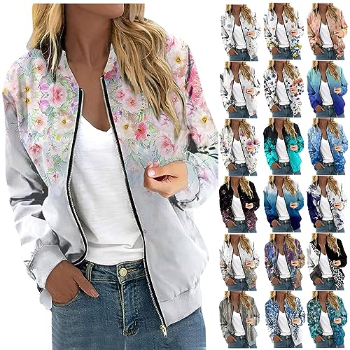 RMBLYfeiye Übergangsjacke Damen Blumenmuster Langarm Bomberjacke Mit Reißverschluss Stehkragen Outwear Kurz Coat Mit Taschen Herbst Frühling Dünne Dacke Leicht College Jacke Blouson Für Frauen von RMBLYfeiye