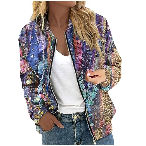 RMBLYfeiye Übergangsjacke Damen Blumenmuster Langarm Bomberjacke Mit Reißverschluss Stehkragen Outwear Kurz Coat Mit Taschen Herbst Frühling Dünne Dacke Leicht College Jacke Blouson Für Frauen von RMBLYfeiye