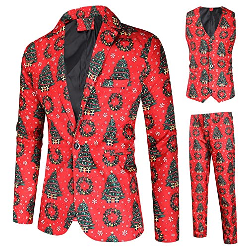 RMBLYfeiye Weihnachtsanzüge Herren Set 3 Teilig Slim Fit Verschiedene Drucke Festlich Weihnachten Sakko Blazer Partyanzug Anzugjacke + Anzughose + Weste Set von RMBLYfeiye