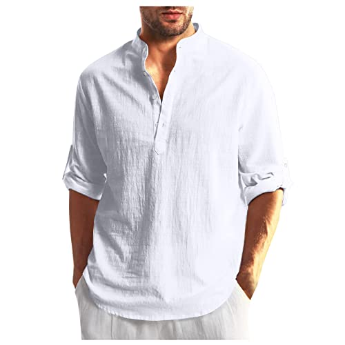 Sportbekleidung Für Herren Hemd Weiss Herren Herren Shirts Stehkragen Einfarbiges Knopfleiste Henley Hemd Mit Brusttasche Businesshemden Kurzarm Herren Polohemd (Weiß, S) von RMBLYfeiye