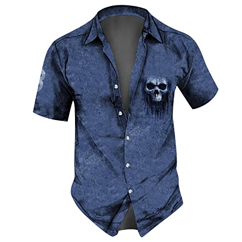 Sportshirt Herren Kurzarm Hemd Herren Regular Fit Laufshirt Herren Reverskragen Druckknopf Totenkopf Drucken Hemd Kurzarm Regular Fit Arbeitshemd Locker Sommerhemd Herren T Shirt (Blau, M) von RMBLYfeiye