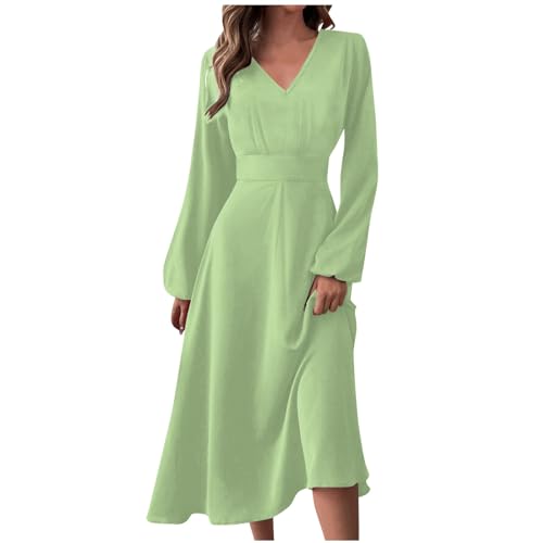 Tunika Damen Sommer Weißes Kleid Kleid Festlich Einfarbiges V-Ausschnitt Laternenärmel Freizeitkleid Hohe Taille Tunika Kleid A Linien Cocktailkleid (Grün, S) von RMBLYfeiye