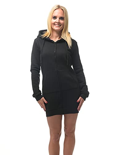 ROCK-IT Apparel® Damen Sweatkleid mit Reißverschluss und Kapuze - Zip Hoodie Damen - Kapuzenpullover Zipper - Kapuzenjacke Kleid - Größe XS-XXL - Schwarz - hochwertig und sehr Soft XXL von ROCK-IT Apparel