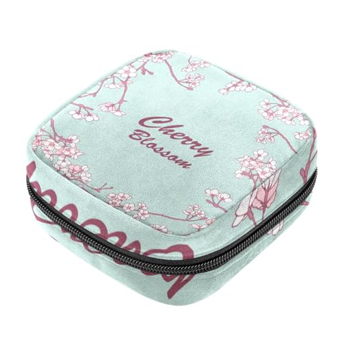 Period Kit Bag für Mädchen und Damen, Minzgrün, Kirschblüten, Damenbinden-Entsorgungsbeutel, große Kapazität, Reißverschluss, Menstruationspad-Tasche von RODAILYCAY