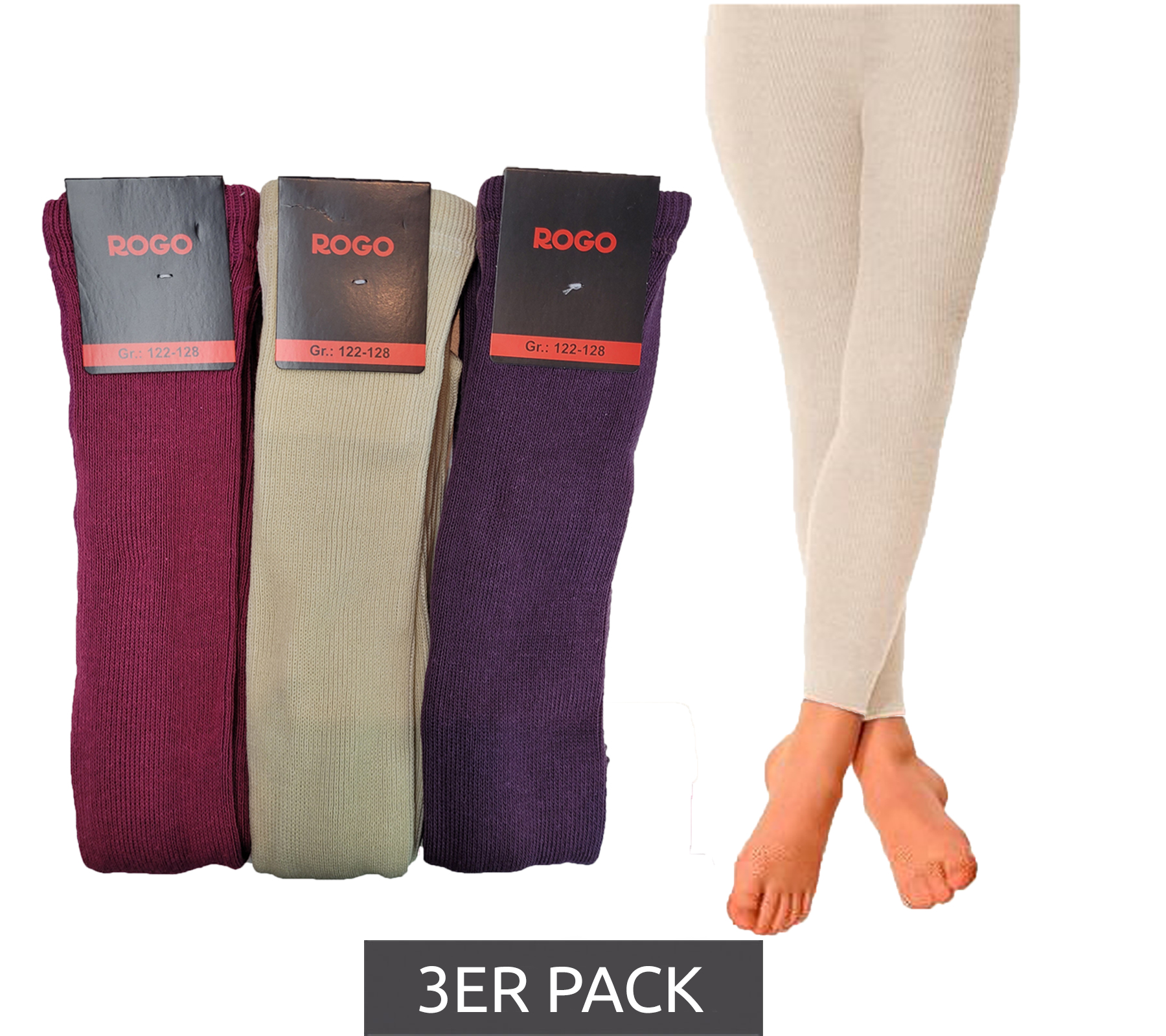 3er Pack ROGO Kinder Leggings Baumwoll-Hosen Alltags-Leggings 619760 Beige/Weinrot/Lila von ROGO