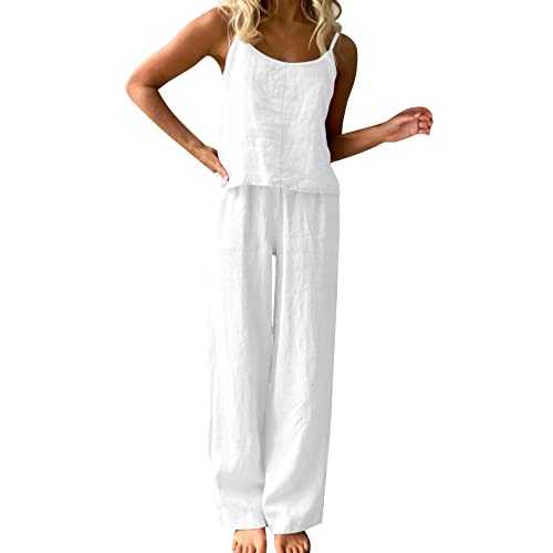 ROLAQDK Zweiteiler Damen Sommer Elegant Frauen Sommer Einfarbig Dünne Pyjamas Ärmellose Hosen Set Lose Mode Baumwolle und Leinen Heimkleidung Frauen Kleidung Damen Oberteil Leinenanzug von ROLAQDK