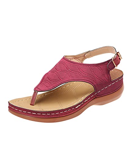 ROMPOTY T-Riemen-Sandalen für Damen, bequeme Sandalen für Damen, orthopädische Fußgewölbeunterstützung, Damen-Sandalen, flach, rot, 37 EU von ROMPOTY