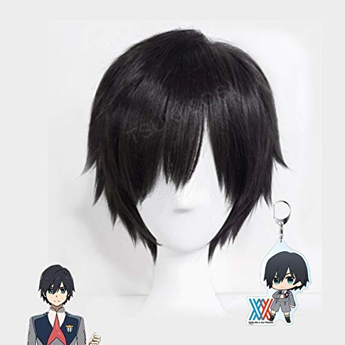 RONGYEDE Anime cosplay perücke 2018 Japanese Anime DARLING in the FRANXX Cosplay Hiro Cosplay Women Short Black Hair 23cm/9.06inches Synthetic Hair+wig cap wig with keychain von RONGYEDE