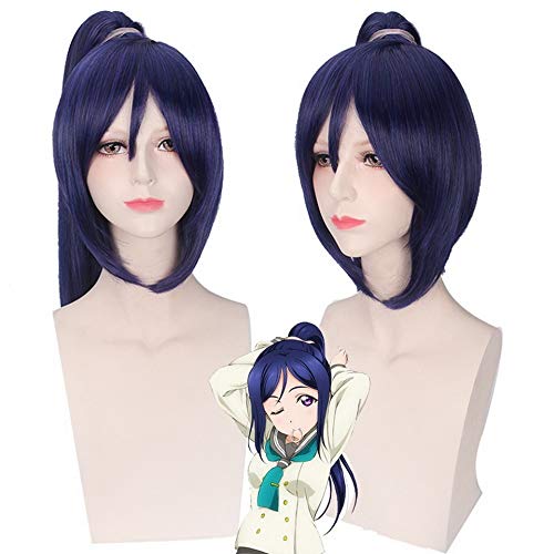 RONGYEDE Anime cosplay perücke 70 cm Anime Love Live Sonnenschein Dunkelblau Pferdeschwanz Cosplay Perücke Kanan Matsuura Kunsthaar Lange Gerade Frauen Perücken Für Party von RONGYEDE