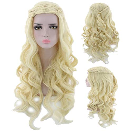 RONGYEDE Anime cosplay perücke 70 cm Game of Thrones Daenerys Targaryen Flechten Cosplay Perücke Halloween Kostüm Silber Grau Blonde Lange Wellenförmige Perücken Für Frauen blond von RONGYEDE