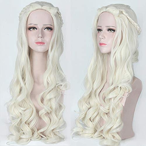 RONGYEDE Anime cosplay perücke 80 cm Alice im Wunderland Beige Weiß Cosplay Perücke Anime Synthetische Welliges Haar Zöpfe Weiße Königin Halloween Kostüm Frauen Perücken von RONGYEDE