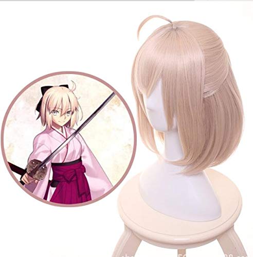 RONGYEDE Anime cosplay perücke Anime Fate Grand Order Sakura Saber Okita Souji Wig Cosplay Costume Fate Go Women Short Synthetic Hair Halloween Party Wigs As The Picture von RONGYEDE
