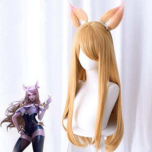 RONGYEDE Anime cosplay perücke Biamoxer KDA Cosplay Kostüm Perücke Spiel LOL Ahri Cosplay Kostüm Perücke Frauen Outfit K/DA Gruppe LOL Cosplay Perücke mit Ohr Einheitsgröße Perücke mit Ohr von RONGYEDE