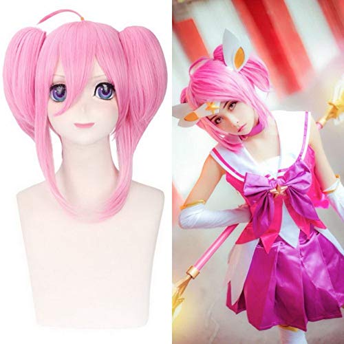 RONGYEDE Anime cosplay perücke Lol Star Guardian Frauen Gerade Rosa Perücke Cosplay Anime Kunsthaar Mit Doppel Pferdeschwänze Für Halloween Kostüm Party von RONGYEDE