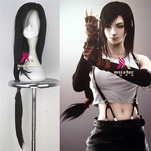 RONGYEDE Anime cosplay perücke Spiel FF15 Final Fantasy Cosplay Tifa Lockhart Perücke Frauen Mädchen 97cm lang Schachtelhalm Schwarz Synthese Haar Perücke Cosplay Zubehör von RONGYEDE