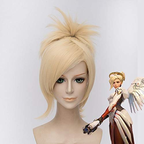 RONGYEDE Anime cosplay perücke Spiel Ow Mercy Perücke für Frauen 35Cm / 13.78In Blonde hitzebeständige Haare Ow Angela Ziegler Mercy Cosplay Perücke Kunsthaar von RONGYEDE