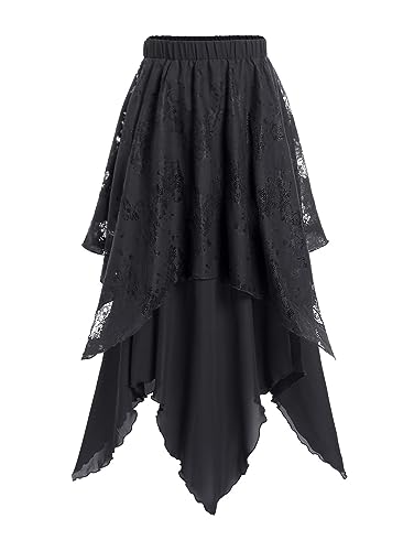 Rosegal Damen-Rock, Übergröße, Gothic, Kordelzug, gerüscht, Rüschen, seidiger Satin, Maxi-Rock, Schwarz_3, 3X von ROSE GAL