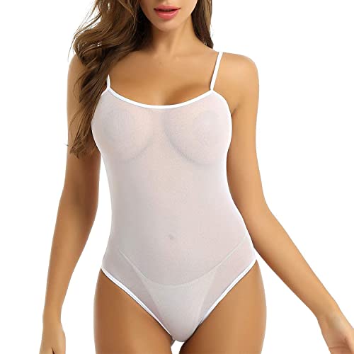 ROSVAY Body Lingerie Strappy Sheer Sexy Frauen Mesh Backless Monokini Sheer Bodysuit Sheer Einteiliger Badeanzug Durchsichtig Frech Babydoll Hot Ärmellos (Weiß), Einheitsgröße von ROSVAY