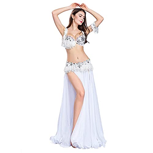 ROYAL SMEELA Bauchtanz BH Gürtel Rock Tanzaufführung 4 Stück BH Gürtel Armband und Big Swing Rock Elegantes Weiß Tanzen Kleid Kostüm für Frauen von ROYAL SMEELA