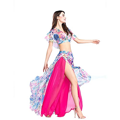 ROYAL SMEELA Bauchtanz Rock Bauchtanz Oberteil Anzug Sexy Bauchtanz kostüm Damen Performance Kleider Blumen Chiffon Tanzen Tops Röcke Tanz Outfit Set für Frauen Tanzkostüm Röcke Oberteil Tanzanzug von ROYAL SMEELA