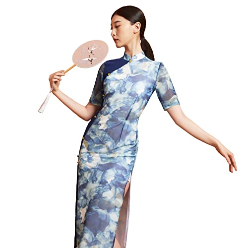 ROYAL SMEELA Blau Cheongsam Damen Druck Cheongsam Qipao Chinesische Kleid Für Frauen Kurzarm Cheongsam Kleid Stehkragen Chinesischer Stil Qipao Kleider Traditionell Blumendruck Party Kleid Abendkleid von ROYAL SMEELA