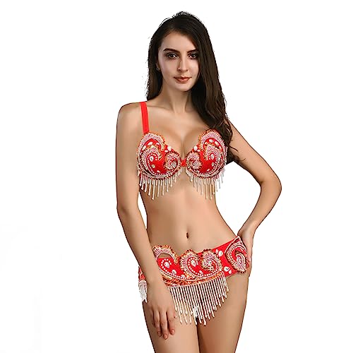 ROYAL SMEELA Sexy Bauchtanz Kostüm Damen Bauchtanz BH Gürtel Bauchtanz Set Sexy Perlen BH und Gurtel Karnevals kostüm Bauch tanzen Outfit Bauchtänzerin Kostum für Frauen Kostuem Fuer Bauchtanz von ROYAL SMEELA