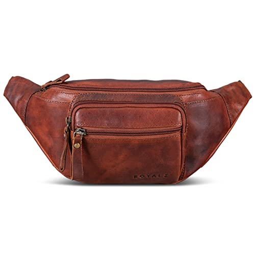 ROYALZ 'Alabama' Gürteltasche Leder Herren Damen Bauchtasche Retro Vintage Look Hüfttasche flach Brusttasche Brustbeutel, Farbe:Roma Cognac Braun von ROYALZ