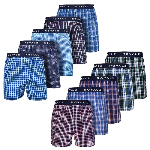 ROYALZ Boxershorts American für Herren 10er Pack Männer Jungen Unterhosen Kariert Blau klassisch 10 Set Unterwäsche, Farbe:Set 030 (10er Pack - Mehrfarbig), Größe:L von ROYALZ