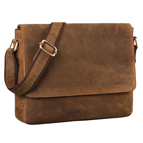 ROYALZ Umhängetasche Herren Leder Laptoptasche Damen 'San Diego' Ledertasche zum Umhängen flach Echtleder Vintage Aktentasche mit 15 Zoll Laptop Fach, Farbe:Nevada braun von ROYALZ