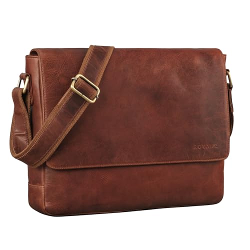 ROYALZ Umhängetasche Herren Leder Laptoptasche Damen 'San Diego' Ledertasche zum Umhängen flach Echtleder Vintage Aktentasche mit 15 Zoll Laptop Fach, Farbe:Roma Cognac Braun von ROYALZ