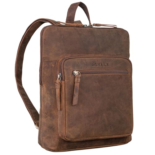 ROYALZ 'Carolina' Moderner Rucksack Damen klein Cityrucksack im Vintage Look - flacher Echtleder Lederrucksack Damen, Farbe:Nevada braun von ROYALZ