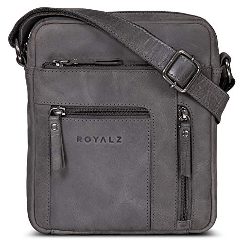 ROYALZ 'Dallas' Kleine Umhängetasche Herren Leder Vintage Look Echtleder Männer Ledertasche Mini Schultertasche Herrenhandtasche Messanger Bag, Farbe:Navy Grau von ROYALZ