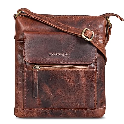 ROYALZ Moderne Lederhandtasche Damen Echtleder klein 'Florence' Umhängetasche flach elegante Vintage Handtasche Schultertasche Tablettasche von ROYALZ