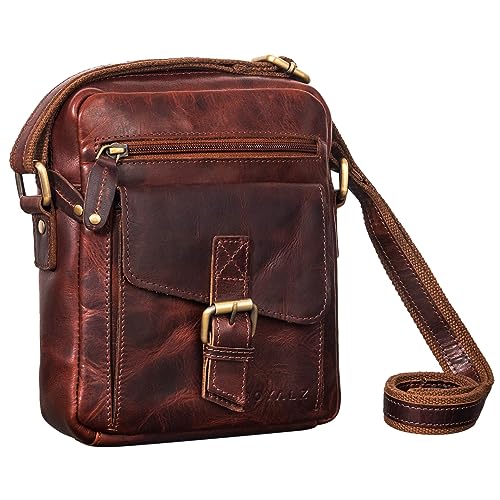 ROYALZ 'Knoxville' kleine Ledertasche Herren Vintage Männer Umhängetasche Mini Messenger Bag Schultertasche klein, Farbe:Roma Cognac Braun von ROYALZ