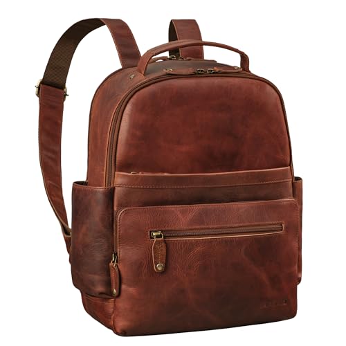 ROYALZ Leder Rucksack für Herren 14 Zoll Laptop 'New Orleans' Lederrucksack Damen Echtleder Mittelgroß Business Schule Uni Freizeit, Farbe:Roma Cognac Braun von ROYALZ