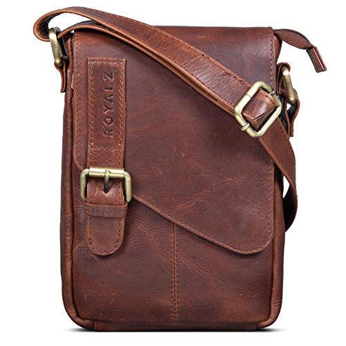 ROYALZ 'Louisiana' Leder Umhängetasche Klein für Männer Herren Ledertasche Mini Seitentasche Vintage Look Tasche zum Umhängen, Farbe:Roma Cognac Braun von ROYALZ