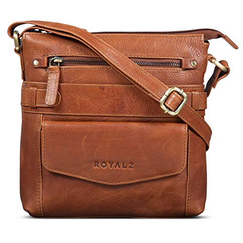 ROYALZ 'Madison' Vintage Umhängetasche Leder klein kompakte Schultertasche Mini Messenger Bag Ledertasche zum Umhängen, Farbe:Texas Braun von ROYALZ