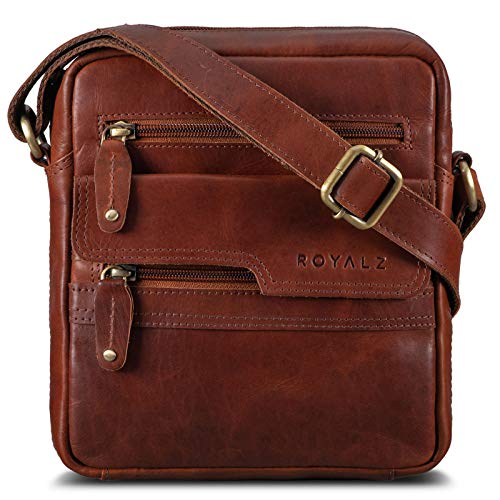 ROYALZ 'Oregon' Leder Umhängetasche Herren Klein Männer Ledertasche Vintage Herrenhandtasche Moderne Schultertasche Messenger Bag, Farbe:Roma Cognac Braun von ROYALZ