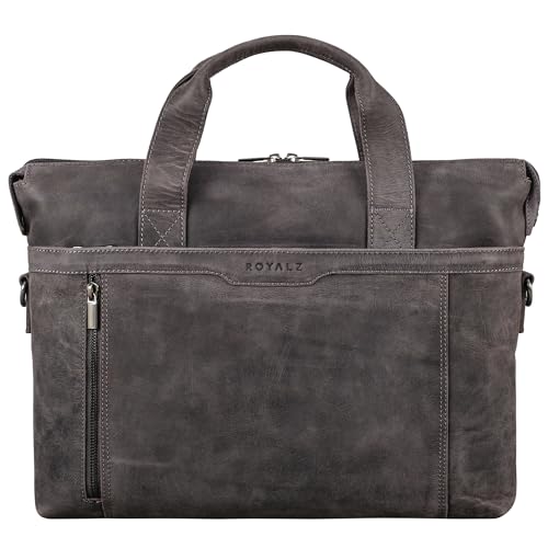 ROYALZ 'Seattle' Businesstasche Herren Leder Vintage Look flache Laptoptasche 15,6 Zoll Umhängetasche mit Trolley Halter, Farbe:Navy Grau von ROYALZ