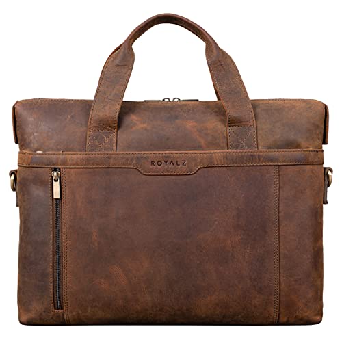 ROYALZ 'Seattle' Businesstasche Herren Leder Vintage Look flache Laptoptasche 15,6 Zoll Umhängetasche mit Trolley Halter, Farbe:Nevada braun von ROYALZ