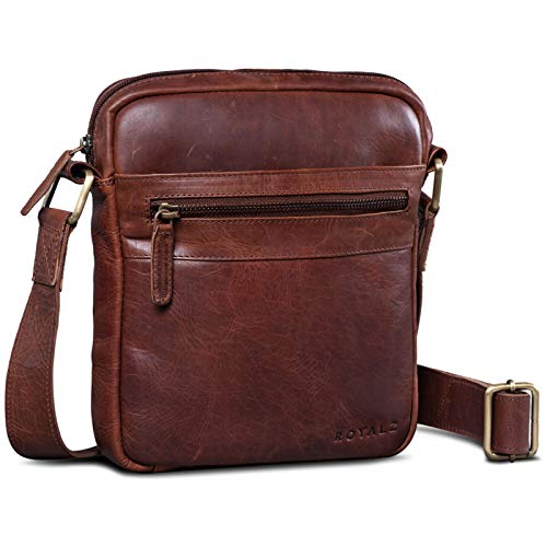 ROYALZ 'Trenton' Umhängetasche Leder Herren Klein Vintage Design Seitentasche Männer Schultertasche Ledertasche zum Umhängen, Farbe:Roma Cognac Braun von ROYALZ