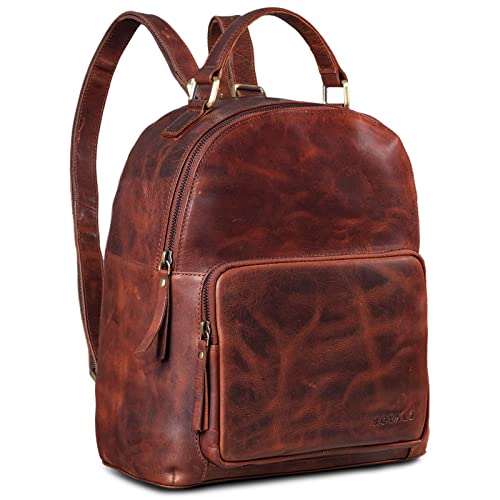 ROYALZ 'Topeka' Vintage Leder Rucksack Damen Casual Daypack Tagesrucksack Echtleder Kleiner Cityrucksack Lederrucksack, Farbe:Roma Cognac Braun von ROYALZ