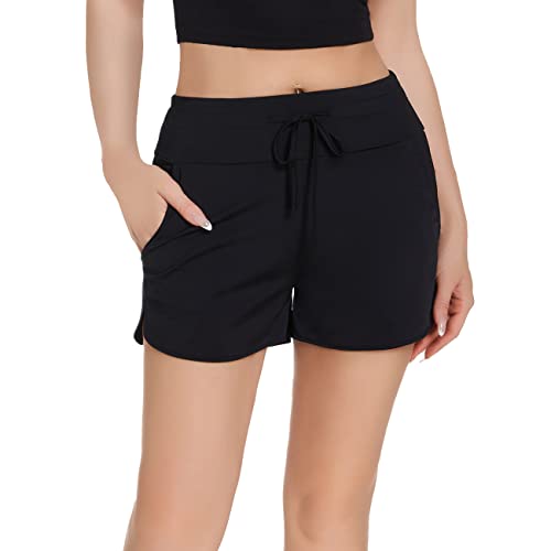 RPAEOY Damen Badeshorts Badehose mit Taschen Schnell Trocknende Boardshorts Schwimmshorts UV Schutz Bikini Shorts Schwimmhose Eingrifftasche Sporthose für Schwimmen Laufen Freizeit (Schwarz,M) von RPAEOY