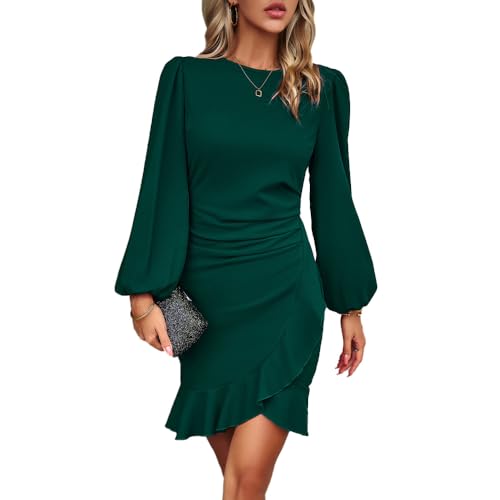 RPAEOY Damen Kleid Elegant Langarm Rüschen Bodycon Puffärmel Kurz Kleider Vintage Formal Dress Bleistiftkleid für Cocktail Abend Büro Sommer Herbst Grün L von RPAEOY