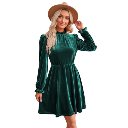 RPAEOY Damen Kleid Samtkleid Puff Langarm Hoher Hals Elegant Abendkleid Minikleid Bodycon Kurz Cocktailkleid für Party Hochzeiten Festivals Partykleid Grün L von RPAEOY