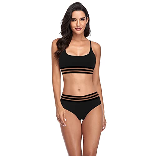 RPAEOY Damen Sexy Bikini Set Push Up Badeanzug High Waist Color Block Swimsuits Sport Streifen Bademode mit Gepolsterter Verstellbarer Riemen Zweiteiliger Strandbikini für Frauen Schwarz L von RPAEOY