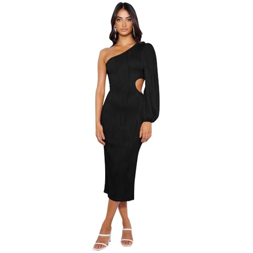 RPAEOY Kleid Damen One Shoulder Langarm Sexy Cutout Long Bodycon Elegant Schlitz Wrap Bleistiftkleid Langes Kleider für Party Cocktail Hochzeit Herbst Schwarz XL von RPAEOY