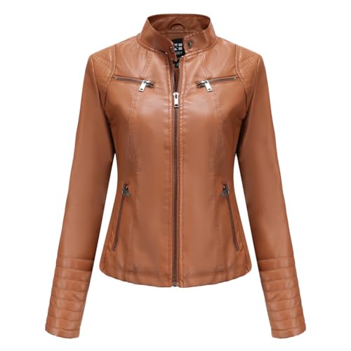 RQPYQF Damen PU Leder Jacke, Motorrad Moto Biker Lederjacke Reißverschluss Mantel Kurz Leicht Kunstlederjacke WT46 (Braun, L) von RQPYQF