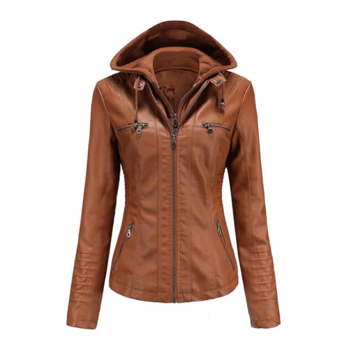 RQPYQF Damen PU Leder Jacke, Motorrad Moto Biker Lederjacke mit Kapuze Reißverschluss Mantel Kurz Leicht Kunstlederjacke WT41 (Braun, L) von RQPYQF